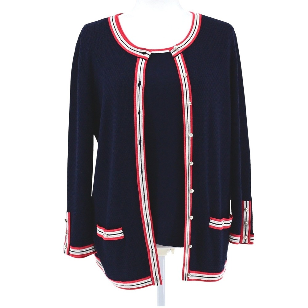 Talbots Preppy Navy Blue Red White Striped Trim Cardigan Shell Twin Set Luxe - Picture 6 of 16